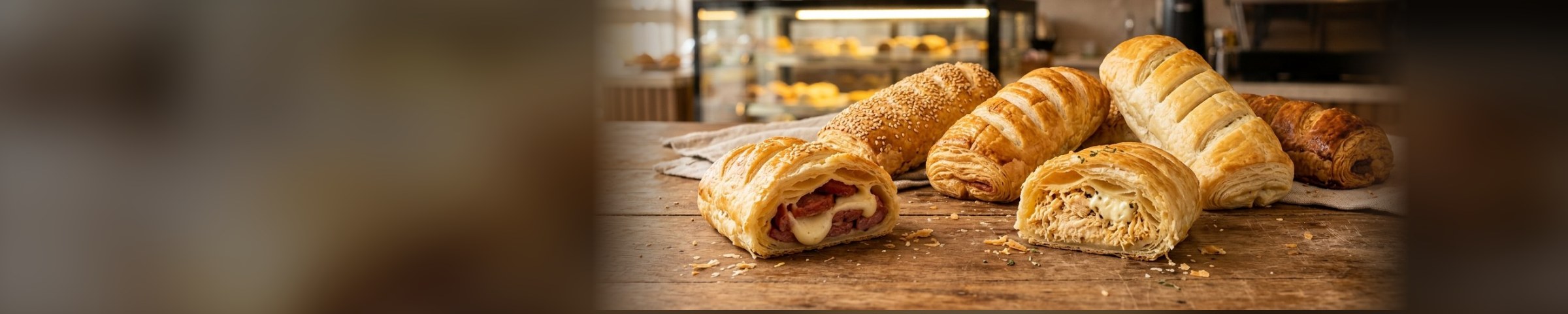 Seis baguetes folhadas douradas sobre balcão de madeira, duas partidas mostrando recheio de calabresa com queijo e de frango com requeijão