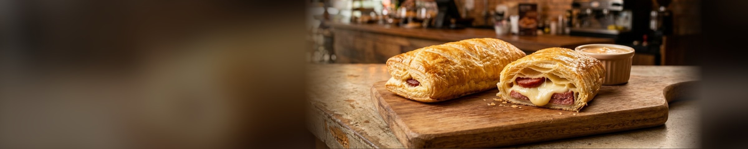 Baguete folhada de calabresa partida sobre tábua de madeira, com o salão de uma lanchonete desfocado ao fundo