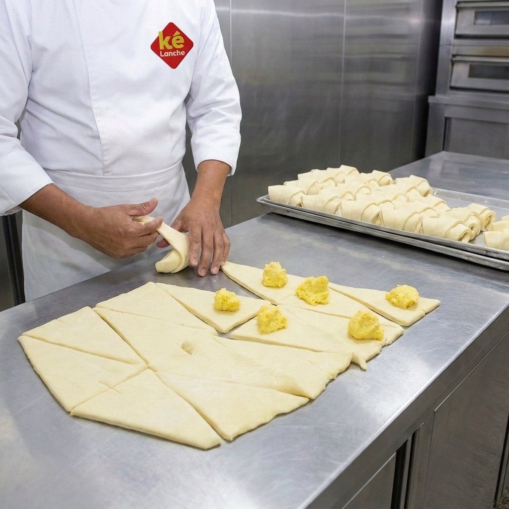 Padeiro de dólmã da Ké Lanche enrolando folhados na bancada da fábrica