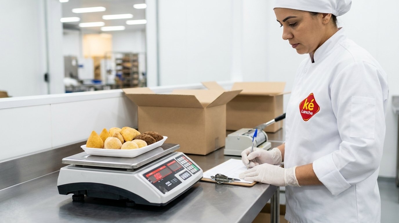 Funcionária pesando uma bandeja de salgados e anotando o resultado