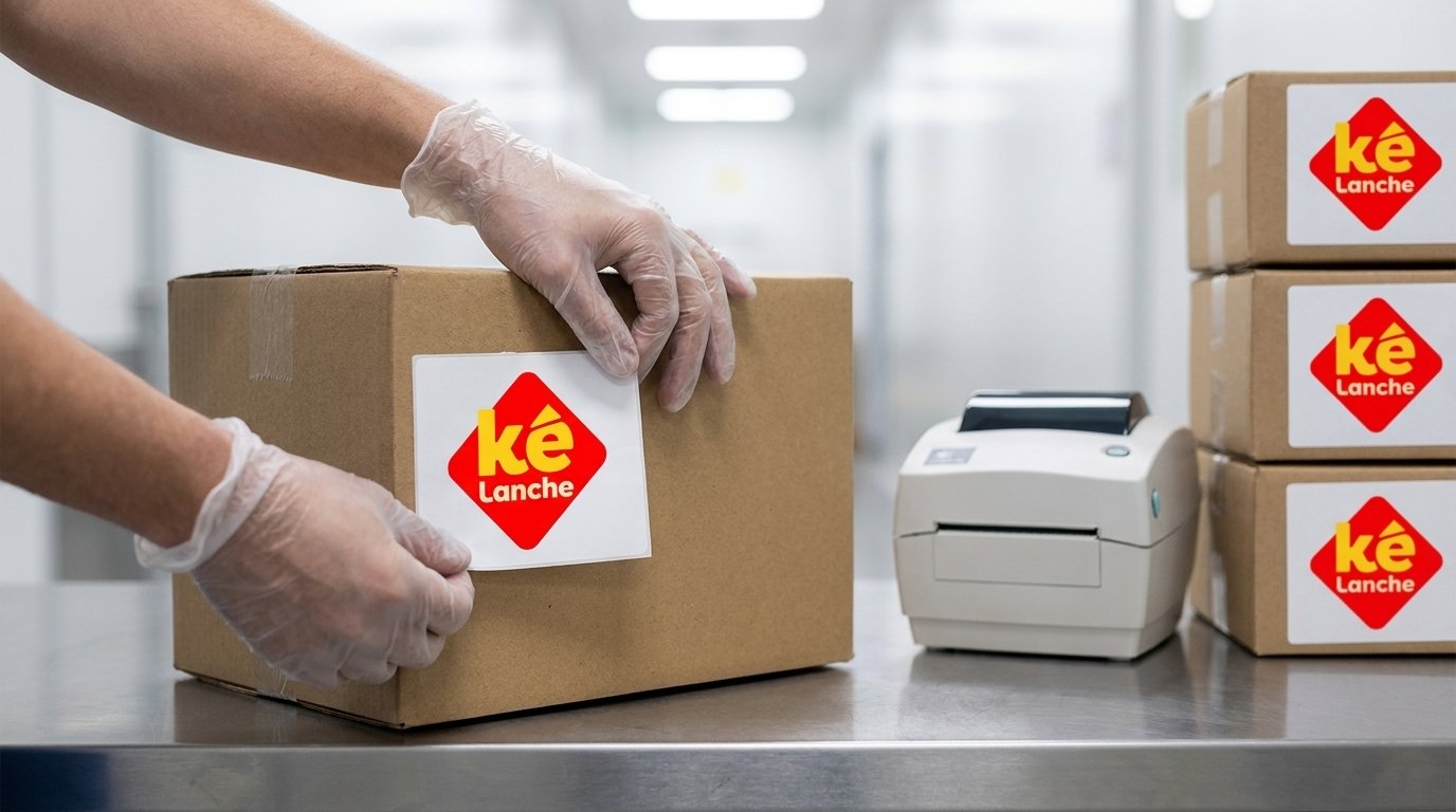 Etiqueta da Ké Lanche sendo aplicada em caixa fechada, ao lado da impressora