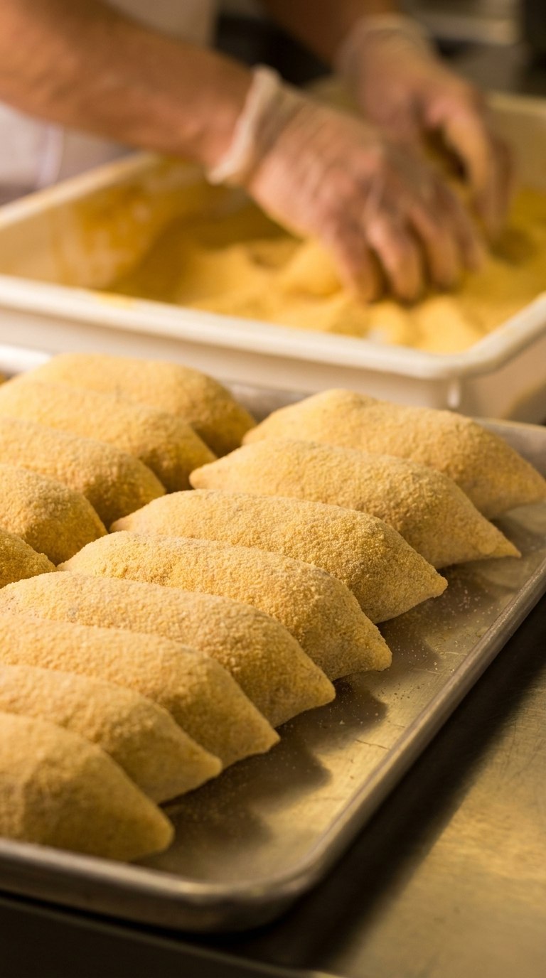Bandeja de coxinhas alinhadas uma a uma, prontas para a separação do pedido