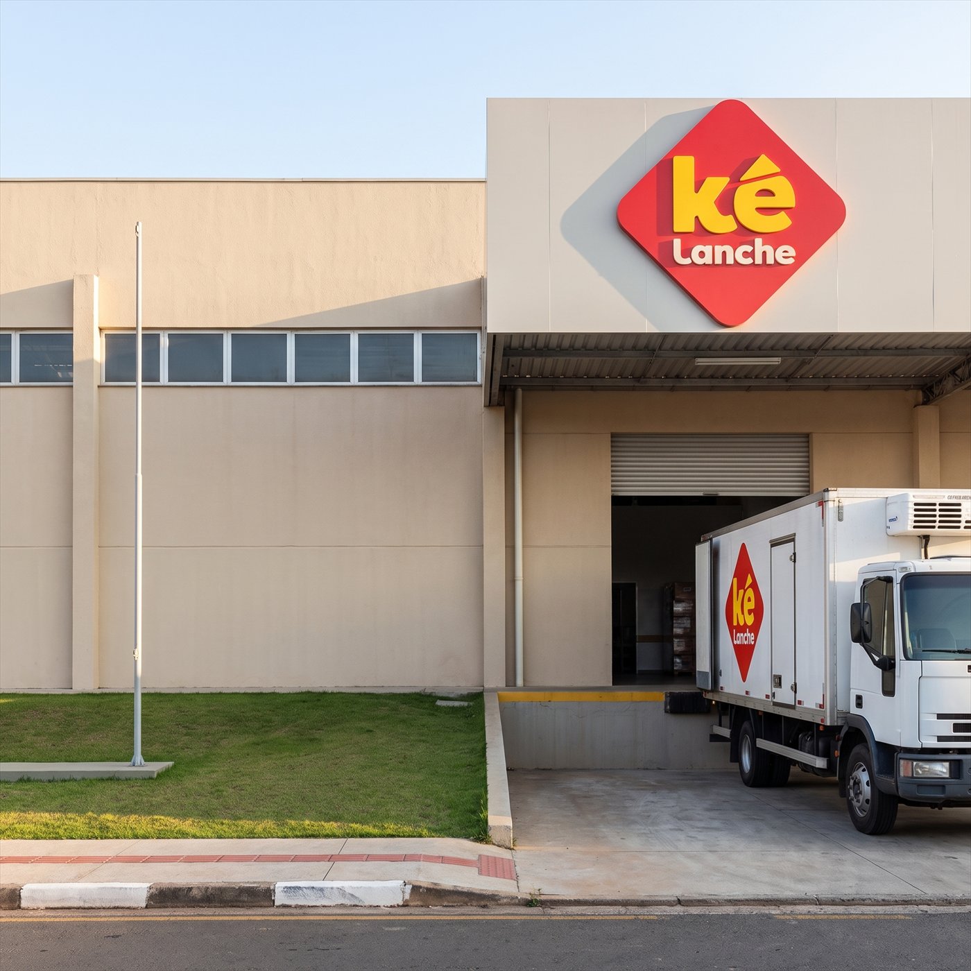 Placa da Ké Lanche na fachada da indústria, com o caminhão refrigerado na doca