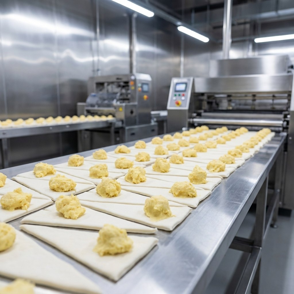 Linha de produção da fábrica em Guarulhos, com a massa moldada em fila sobre a bancada de inox