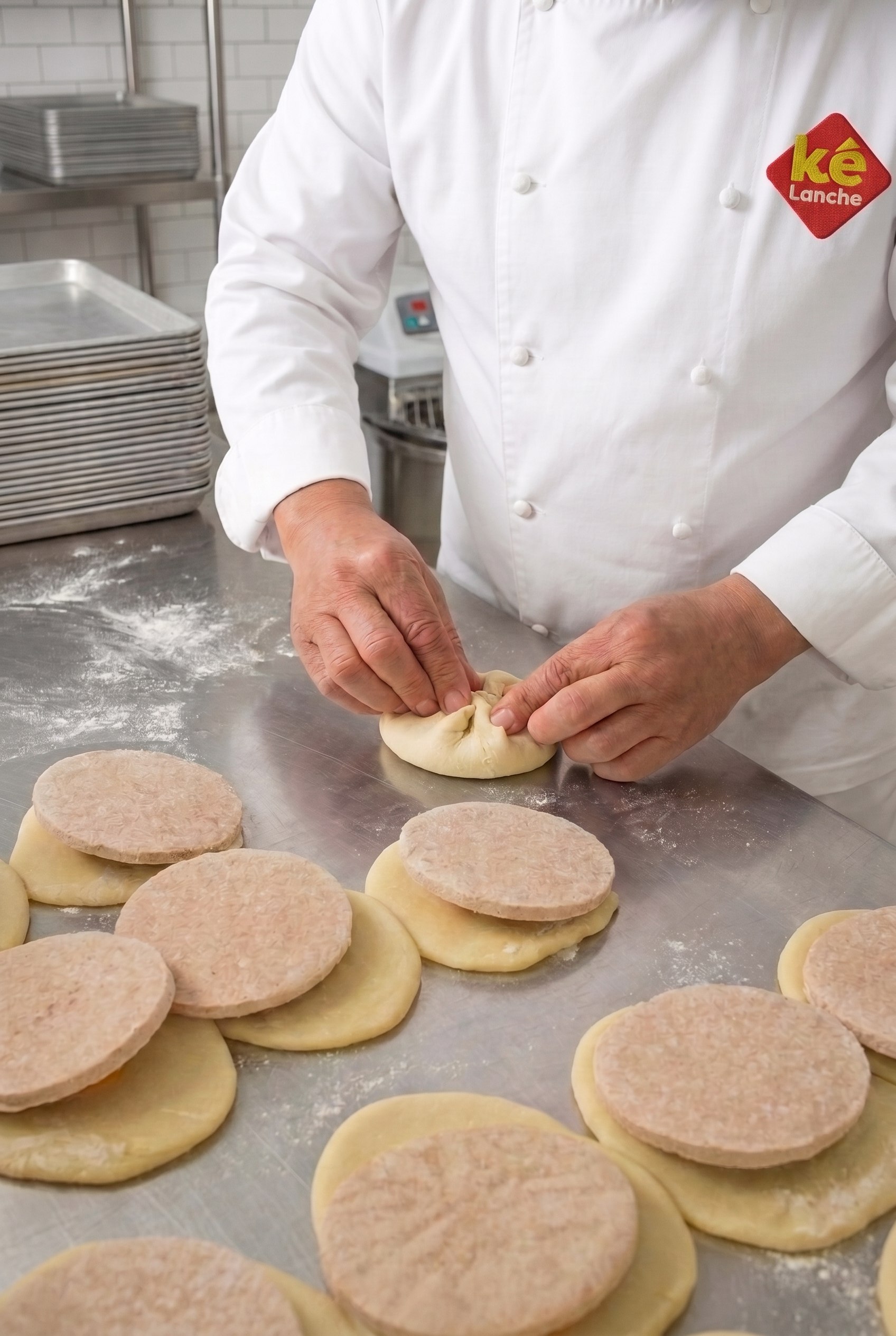 Funcionário de dólmã e touca montando pão de batata na bancada de inox