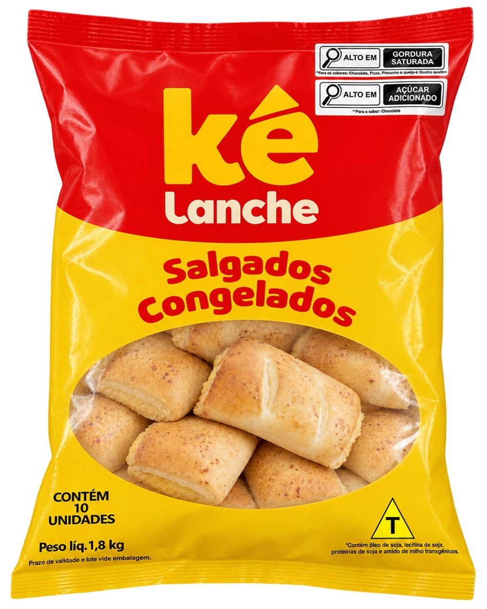 Embalagem de 1,8 kg da Ké Lanche com 10 unidades, trazendo peso líquido, contagem, advertências nutricionais e a indicação de lote e validade