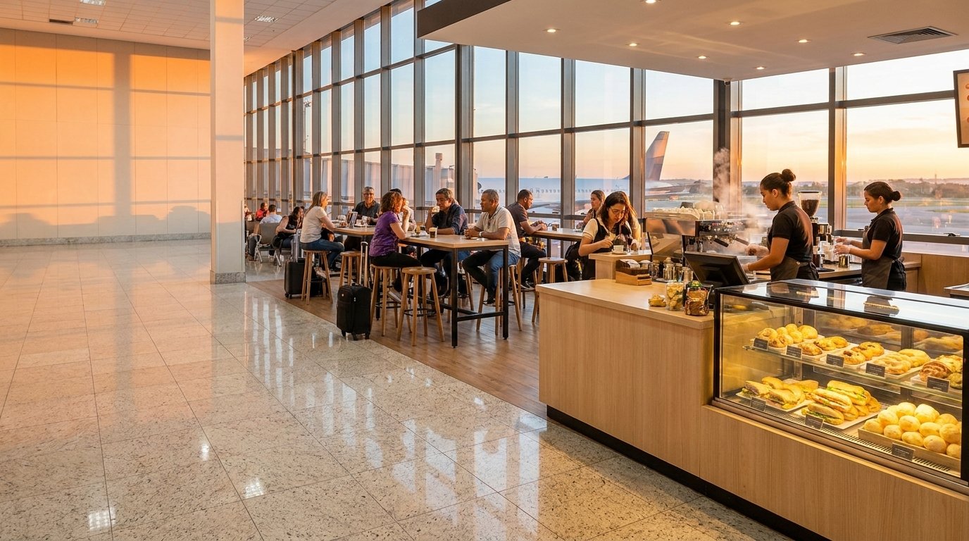 Balcão de cafeteria com vitrine de folhados e pães de queijo
