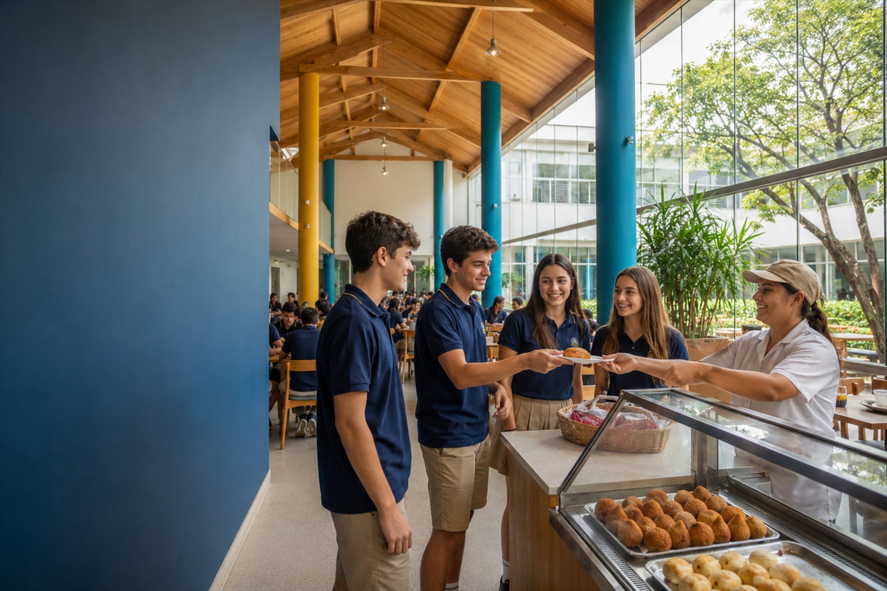Fila de alunos de uniforme na cantina da escola, atendente entregando um salgado sobre a vitrine