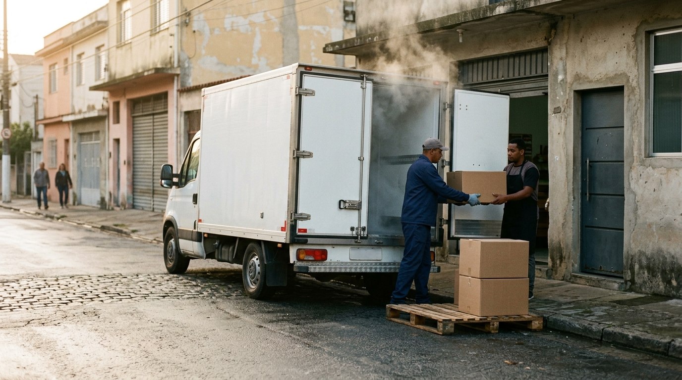 Caixas sendo entregues na porta de serviço de um comércio, com o furgão refrigerado ao lado
