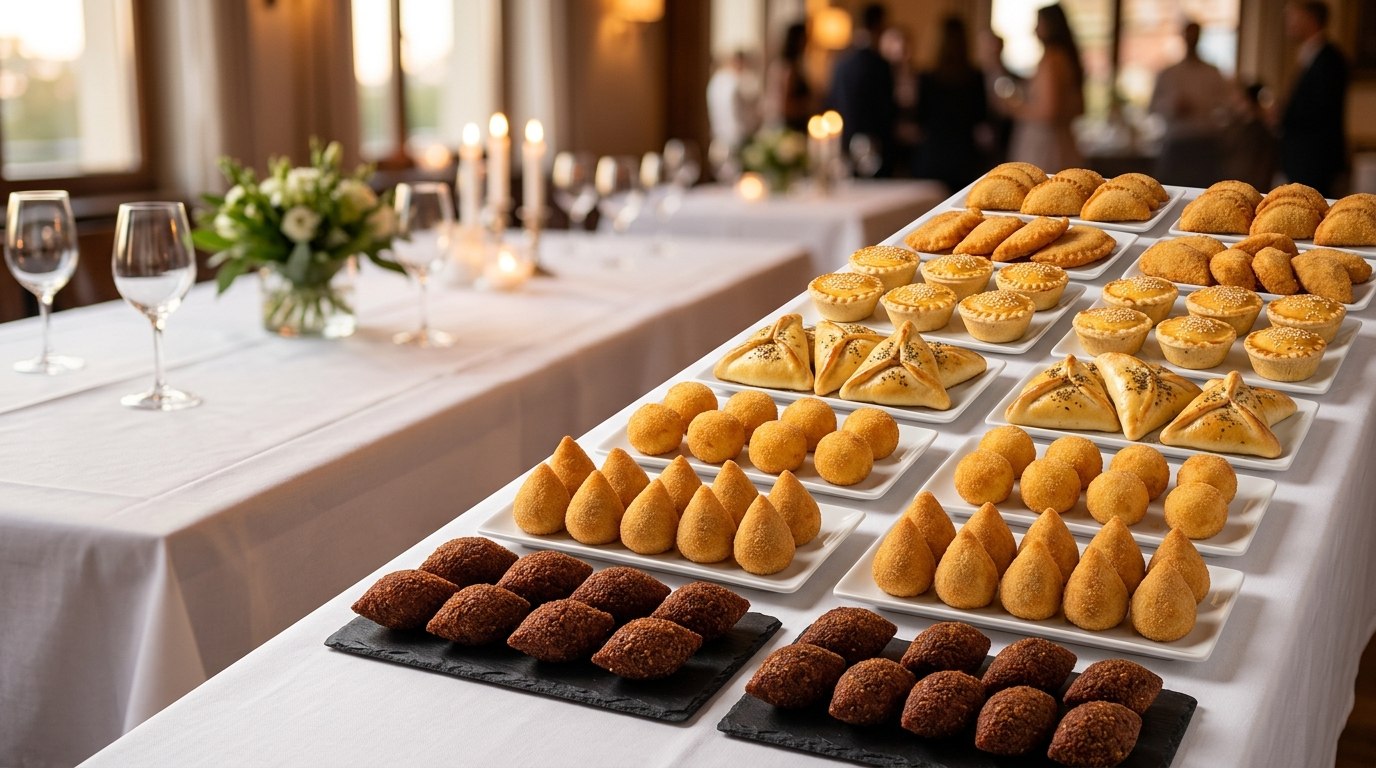 Mesa de coquetel montada com travessas de mini salgados, taças e arranjo de folhagem