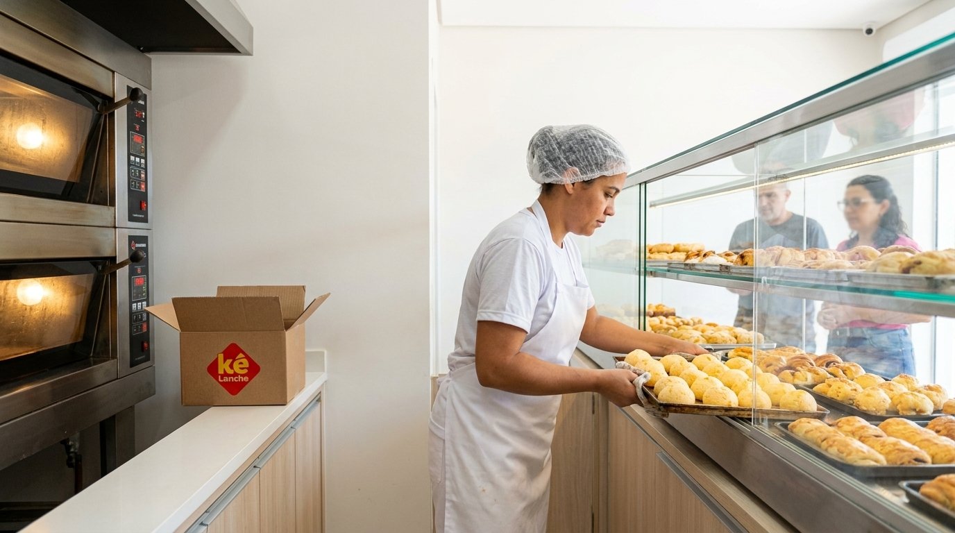 Balcão de padaria com vitrine de salgados assados em primeiro plano e o movimento da manhã desfocado ao fundo